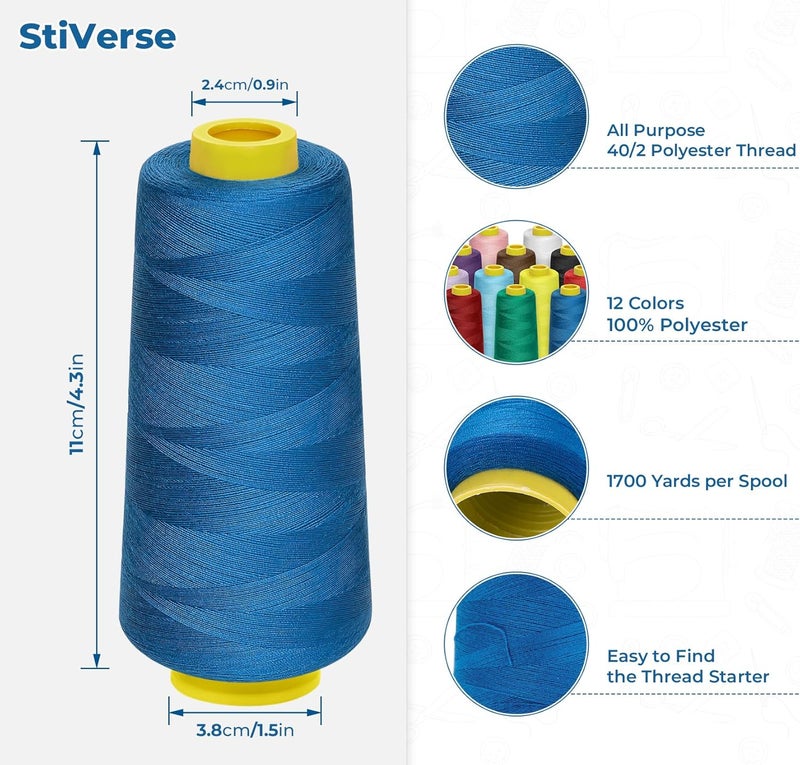 StiVerse 12 عبوة من خيوط السيرجر، 1800 ياردة لكل بكرة خيوط أوفرلوك، خيوط بوليستر 40s/2 للسيرجر والأوفرلوك، والتطريز، والتجميع، وماكينة الخياطة - Image 2